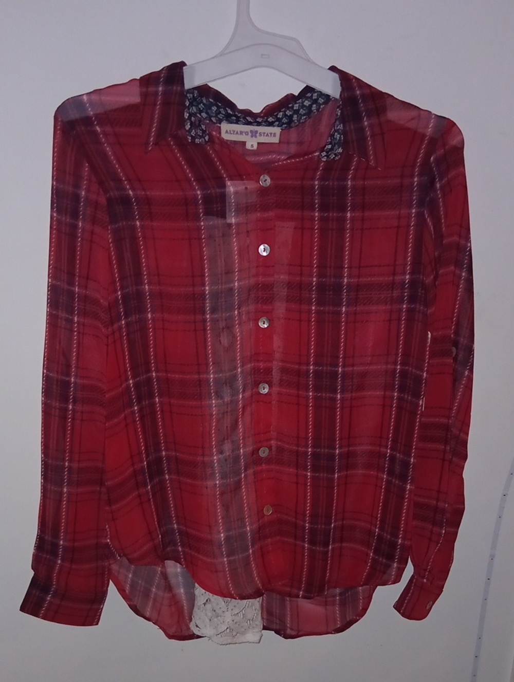 Altar'd State Red Plaid Girls' Button-Down See threw Shirt Size S